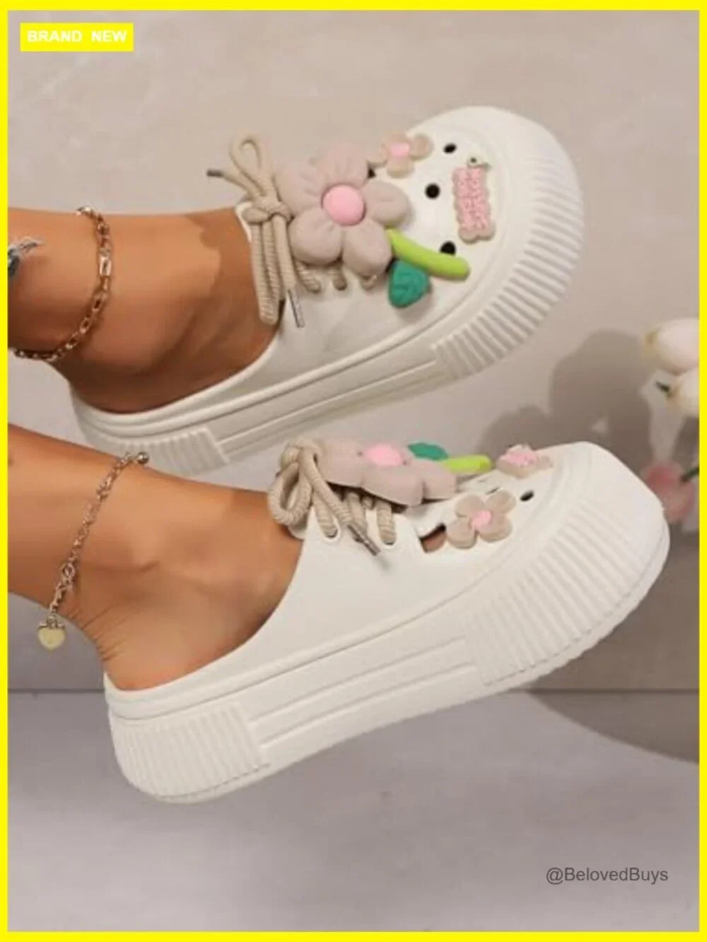 Platform Slide Sandals with Bow and Flower Charms, Cushioned Footbed